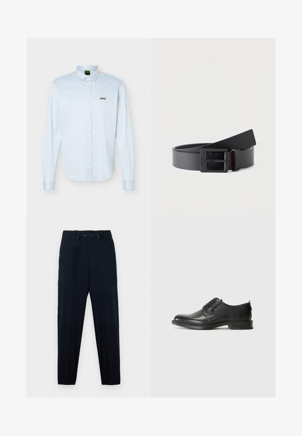 Camisa azul claro de manga larga con botones y cuello, logo negro "BOSS" en el lado izquierdo del pecho y puños con botones.; Pantalones azul marino con cintura elástica y cordón. Diseño de pierna recta, con una textura suave y sin patrones visibles.; Zapato de vestir para hombre de cuero negro con cordones, tacón bajo y acabado suave, mostrado en perfil lateral sobre un fondo claro y liso.; Cinturón de cuero negro enrollado, con hebilla rectangular negra mate y detalles sutiles de costura roja cerca del lazo de la hebilla.