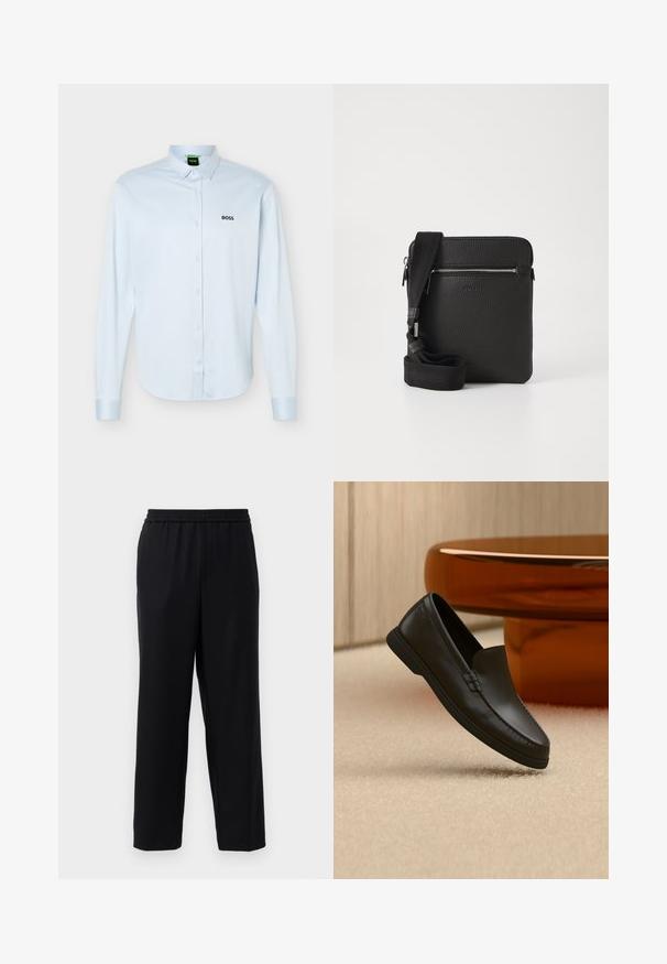 Camisa azul claro de manga larga con botones y cuello, logo negro "BOSS" en el lado izquierdo del pecho y puños con botones.; Pantalones negros con cintura elástica, diseño de pierna recta y una tela suave y ligera. Sin bolsillos visibles ni patrones.; Mocasín negro de piel sin cordones exhibido sobre una alfombra beige junto a una mesa de cristal curva color ámbar en una habitación de tonos neutros.; Bolso cruzado de cuero negro con superficie texturizada, bolsillo frontal con cremallera y correa de tela ajustable. Diseño cuadrado simple.