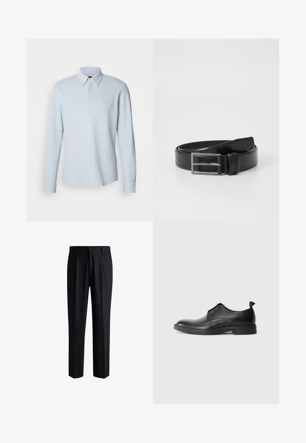 Camisa azul claro de manga larga con botones. Hecha de tela texturizada con un cuello clásico, presenta un logo sutil en el pecho y puños con botones.; Pantalones negros de tela suave, con un diseño de pierna recta, pliegues en la parte delantera y cierre de botón con trabillas para cinturón.; Zapato de vestir para hombre de cuero negro con cierre de cordones y tira en el talón, mostrado en perfil lateral sobre un fondo blanco liso.; Cinturón de cuero negro con una textura lisa, que presenta una hebilla rectangular de plata y un detalle de doble pasador. Diseño clásico y versátil.