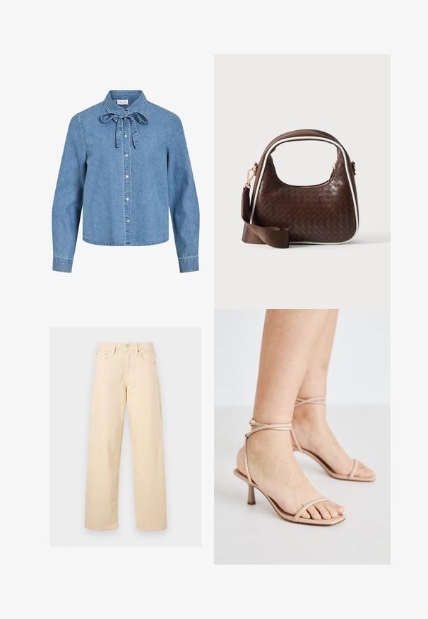 Lyseblå denimskjorte med lange ærmer, sølvfarvede trykknapper foran og en bundet sløjfe ved kraven.; Beige bukser med lige ben med frontknap og lynlås, bæltestropper og fem-lommer design på en ensfarvet lys baggrund.; Nude strop sandals med en tynd ankelrem, et firkantet tådesign og en lille blokhælt. Glat tekstur med minimal detaljering.; Brun vævet læderhåndtaske med hvid piping, guldfarvet lynlås og aftagelig brun stofskulderrem.
