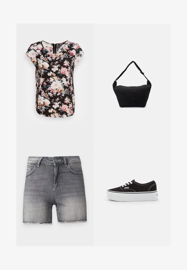 ONLY ONLVIC SS AOP TOP NOOS PTM - Blouse - black; Short en jean noir délavé avec ourlets effilochés, fermeture devant par bouton et zip, et deux poches avant sur un fond uni.; Baskets en toile noires avec une semelle en caoutchouc blanc, dotées de lacets et de coutures blanches, marquage emblématique sur le côté, design basse.; Sac à épaule en tissu noir avec une surface texturée douce, de forme arrondie et une seule sangle. Design minimaliste sans accessoires ni quincaillerie visibles.