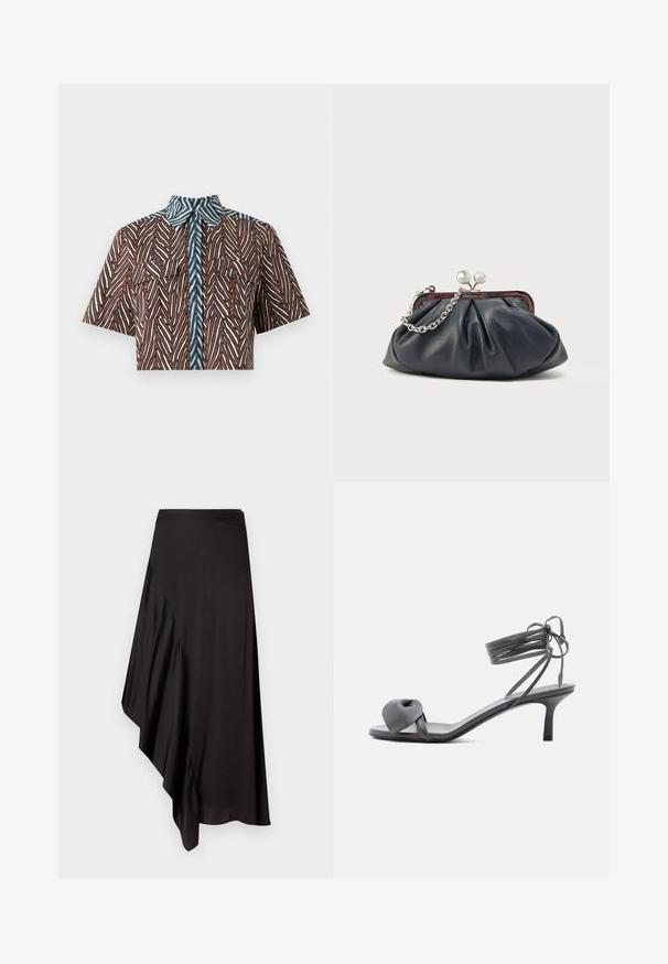 Diane von Furstenberg AMY - Blúzka so zapínaním na gombíky - brown; AERON ASTER SKIRT - Puzdrová sukňa - black; Sivá kožená sandála na podpätku s uzlom na priehlavku a šnúrkami okolo členka na štíhlom stredne vysokom podpätku na bielom pozadí.; Tmavomodré kožené spojko so zdobeným dizajnom, strieborným reťazovým remienkom a zapínaním na klip. Hladká textúra s jemným leskom.
