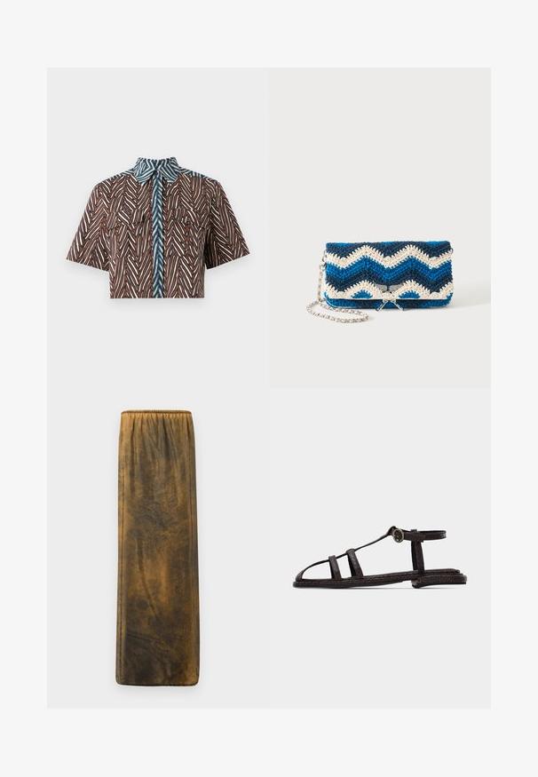 Diane von Furstenberg AMY - Chemisier - brown; Jupe longue marron avec une texture lisse et un motif marbré subtil. Ceinture élastique en haut ; pas de fermetures visibles.; Sandale plate marron foncé avec des brides texturées, boucle à la cheville et design à bout ouvert sur un fond clair uni.; Pochette bleue, bleu marine et blanche en crochet avec motif en zigzag et bandoulière chaîne argentée, présentée sur un fond blanc uni.