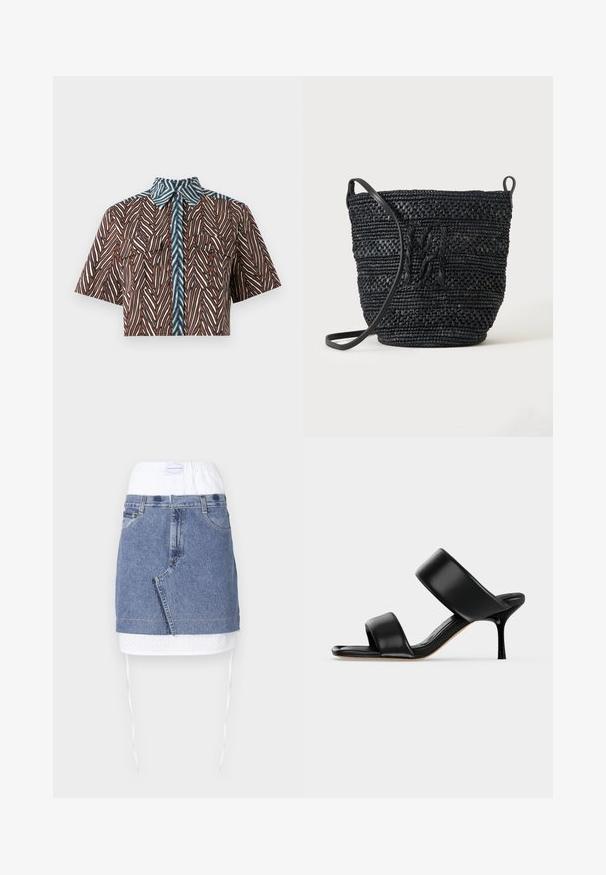 Diane von Furstenberg AMY - Skjortebluser - brown; Denim nederdel med en blå krop, hvid perforeret talje og snoretræk. Har forlommer og en lige pasform med rå kant.; Sort læder mule sandal med to brede remme og en slank mellemhøj stiletthæl på en ensartet lys baggrund.; Sort flettet bucket taske med lang rem og tekstureret mønsterdetalje på en ensfarvet baggrund.