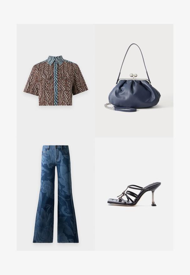 Diane von Furstenberg AMY - Overhemdblouse - brown; Flared spijkerbroeken in donkerblauw met een tonale bloemenprint. Standaard vijf-pocketdesign met een voering van knoop en ritssluiting.; Zwarte sandaal met hoge hak en bandjes, met een vierkante neus en een dunne naaldhak, voorzien van overlappende bandjes en een knoopdetail op het bovenwerk.; Zachte navyblauwe leren handtas met zilveren sluiting, enkele schouderband en afneembare ketting polsband op witte achtergrond.