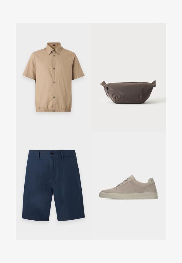 Chemise beige à manches courtes, boutonnée, col pointu, cinq boutons sur le devant et un détail subtil avec un ourlet élastique.; Shorts pour hommes bleu marine avec fermeture par bouton, passants pour ceinture et poches latérales, présentés à plat sur fond blanc.; Baskets en daim beige avec une finition texturée, un bout arrondi et des lacets ton sur ton. Elles présentent une semelle en caoutchouc épaisse et un branding discret sur le talon.; Sac banane en tissu marron foncé avec poche zippée en diagonale et petit logo blanc sur le devant, sur un fond clair uni.