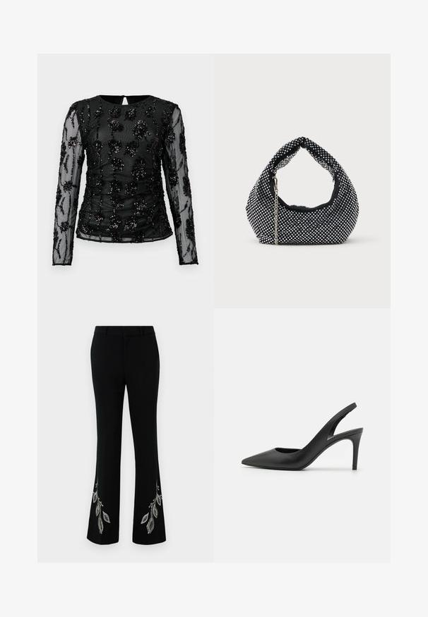 Top negro de manga larga hecho de tela transparente, con patrones florales bordados adornados con lentejuelas y detalles de fruncido a lo largo del cuerpo.; Pantalones negros acampanados con diseños bordados de hojas plateadas en el dobladillo. Confeccionados en tela suave con cinturilla estructurada y ajuste ajustado.; Zapatos de tacón alto de cuero negro con diseño de punta afilada, que presentan un corte en la parte delantera y un delgado tacón de aguja.; Bolso de malla negra adornado con tachuelas plateadas, con un asa curvada y una correa de cadena. Textura suave con forma redondeada.