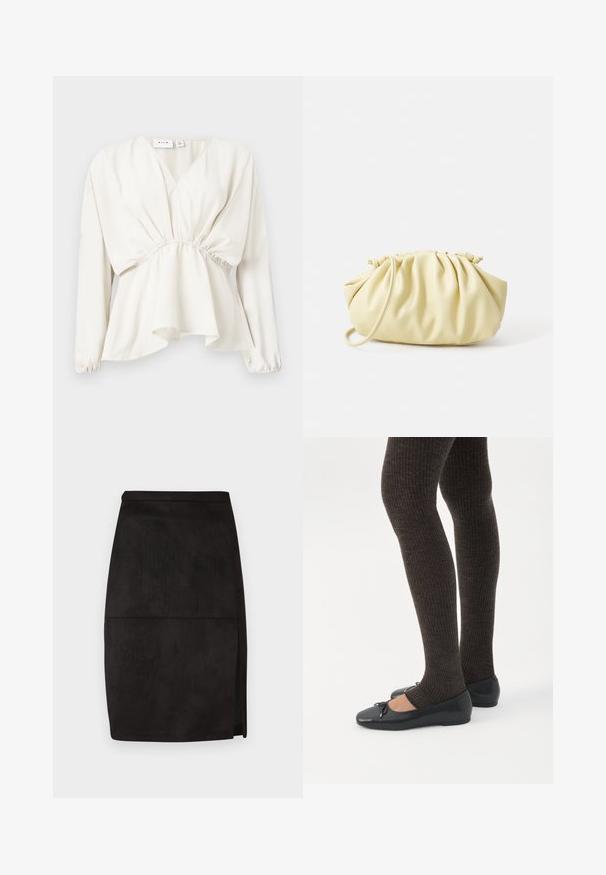 Witte blouse met lange mouwen, elastische taille, V-hals en een uitlopende zoom, weergegeven op een effen neutrale achtergrond.; Zwarte suède pencil skirt met een rechte snit, een subtiele zijspleet en een zachte textuur. Eenvoudige tailleband en een strak design.; Benen met donkere geribbelde leggings gecombineerd met zwarte ballerina's met kleine strikdetails op een witte achtergrond.; Geel geplooide handtas van soepel nepleer, met een zachte vorm, een enkele schouderriem en een verzameld ontwerp aan de bovenkant.