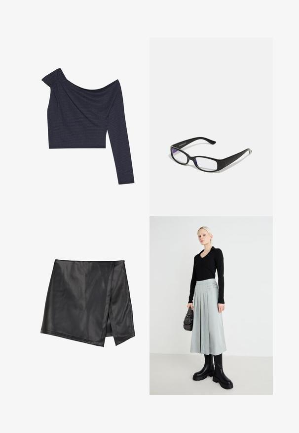 Dunkelblaues Cropped Top mit einem langen Ärmel und asymmetrischem Ausschnitt. Strukturiertes Gewebe mit dezenten horizontalen Streifen.; Even&Odd by Zalando Minirock - black; Schwarzes Langarmoberteil, hellgrauer plissierter Rock mit Doppelverschlussdetails und schwarzen Boots mit dicker Sohle; silberne Handtasche mit Verzierungen.; Schwarze rechteckige Brille mit klaren Gläsern. Glänzende Oberfläche, schmale Bügel und lila Tönung an den Rändern der Gläser sichtbar.