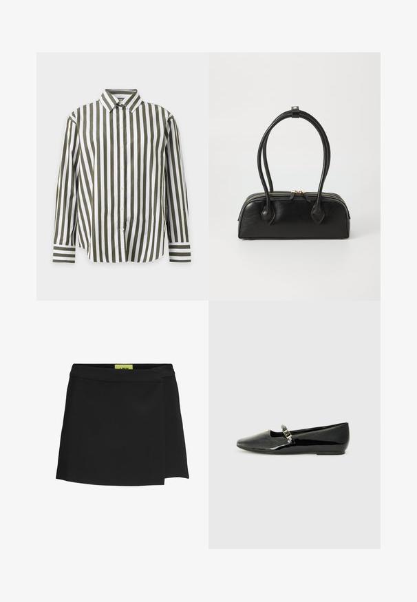 Chemise à manches longues avec boutons, rayures verticales vertes et blanches et col pointu, présentée sur un fond clair uni.; Jupe portefeuille noire en tissu lisse, présentant une taille haute et une fente sur le côté. L'étiquette est visible dans une couleur jaune vif contrastante.; Ballerines en cuir verni noir avec un bout pointu, une sangle à la cheville avec une boucle dorée et un design minimaliste. Semelle plate et texture brillante.; Sac à main en cuir noir avec deux anses allongées, fermeture éclair et forme arrondie ; texture lisse avec une finition légèrement brillante.