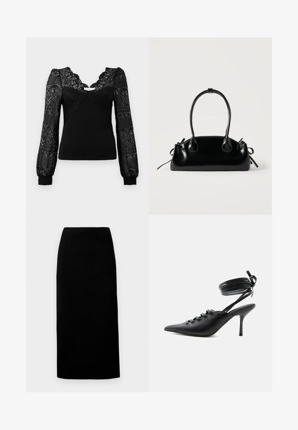 Haut noir avec devant en dentelle et encolure festonnée, longues manches en dentelle transparente et poignets froncés pour ajouter de la texture.; Jupe midi noire en tissu doux, avec une coupe droite et une taille élastique, présentant une texture lisse sans motifs ni accents visibles.; Chaussure à talon haut noire à bout pointu avec laçage à l'avant et brides enroulées autour de la cheville nouées en nœud, vue de côté sur fond blanc.; Petit sac à main noir brillant avec deux longues anses et des détails à cordon sur les côtés sur un fond clair uni.