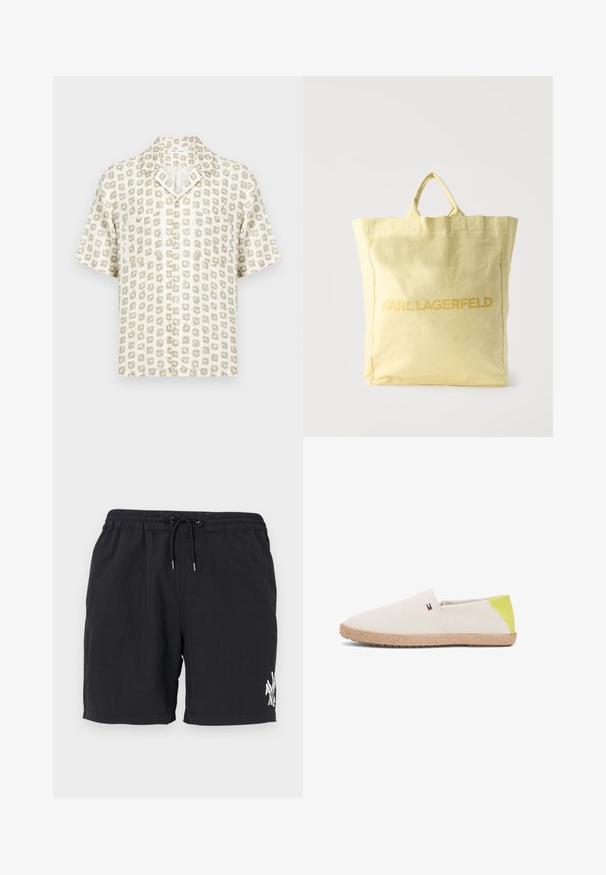 Kortærmet skjorte med knapper, i beige og hvidt abstrakt kvadratprint og en lille brystlomme.; Sorte svøm shorts lavet af letvægtsstof, med en elastisk talje med snoretræk og en hvid grafisk detalje på venstre ben.; Beige slip-on sko med et tekstureret canvas-overdel, grøn detalje ved hælen og en naturlig vævet sål. Har et lille logo på siden.; Lysegul stofindkøbsnet med dobbelte håndtag og mærkenavnet "KARL LAGERFELD" trykt med fede bogstaver på fronten.