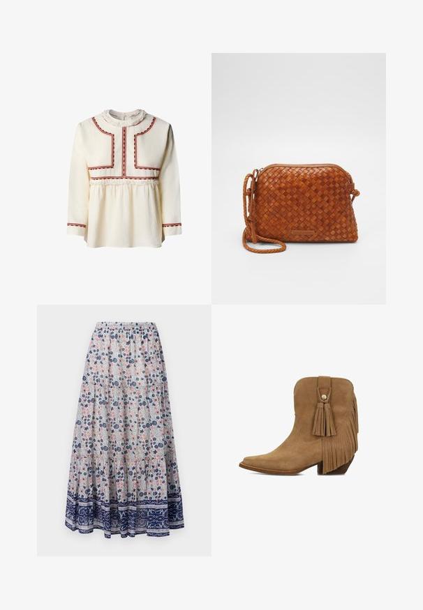 Blusa cremosa de manga larga con ribete bordado en rojo y marrón, cuello y cintura con flecos, y sección inferior fruncida.; Falda maxi floral con fondo gris, que presenta flores rosas y azules, diseño en capas y un dobladillo con patrón en azul marino. Cintura elástica.; Botín de ante marrón con punta afilada, tacón grueso, flecos laterales y borlas decorativas con detalle de botón metálico.; Bolso cruzado de cuero trenzado marrón con cierre de cremallera, forma redondeada y una correa trenzada. Presenta una pequeña placa de logo rectangular.