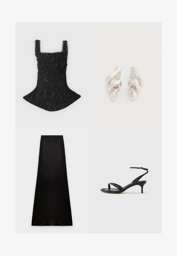 Haut sans manches en dentelle noire avec larges bretelles et motif floral texturé, légèrement évasé en bas sur un fond uni clair.; Jupe longue en satin noir avec taille haute et ourlet légèrement évasé sur fond blanc.; Sandale pour femme en cuir noir avec fines lanières, une boucle d'orteil, une boucle à la cheville et un talon aiguille de hauteur moyenne sur un fond neutre.; Boucles d'oreilles clips en métal argenté torsadé avec une finition lisse et brillante, présentant un design moderne et abstrait en spirale.