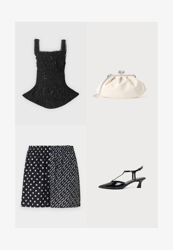 Haut sans manches en dentelle noire avec larges bretelles et motif floral texturé, légèrement évasé en bas sur un fond uni clair.; Short noir à taille élastique avec deux motifs : étoiles blanches à gauche et lignes blanches en zigzag à droite.; Chaussure slingback femme en cuir verni noir à talon bas, bout pointu et fine bride avec petite boucle.; Pochette en tissu crème avec un design froncé, cadre en métal argenté, deux boules décoratives, et une bandoulière chaîne argentée.
