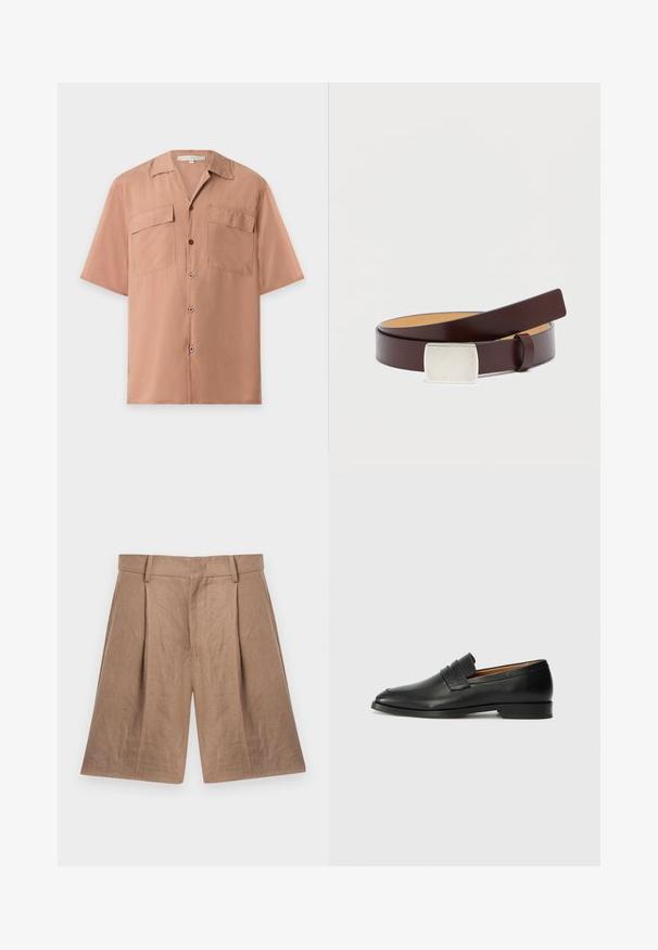 Chemise marron clair à manches courtes avec boutons, deux poches poitrine à rabats et un col camp, présentée sur un fond clair uni.; Shorts beige coupés sur mesure, longueur genou, avec passants de ceinture, plis à l'avant, poches latérales et taille ajustée sur fond blanc.; Mocassin en cuir noir avec un bout arrondi, des coutures subtiles et un talon bas, présentant une texture lisse et un design minimaliste.; Ceinture en cuir marron avec une boucle rectangulaire en argent, texture lisse et doublure intérieure plus claire contrastante. Design simple et classique.