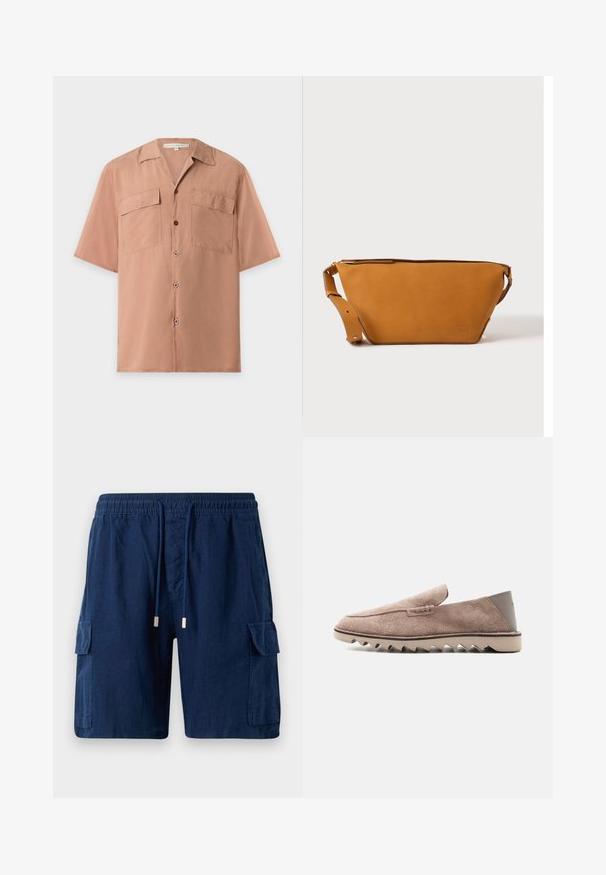 Hellbraunes kurzärmeliges Hemd mit Knöpfen, zwei Brusttaschen mit Klappen und einem Camp-Kragen, auf einem schlichten hellen Hintergrund dargestellt.; Marineblaue Cargo-Shorts aus leichtem Material, mit einem elastischen Bund und Kordelzug, zwei Seitentaschen und einer Beintasche.; Hellbrauner Wildleder-Slipper mit gezackter Gummisohle und glatter Fersenpartie, Seitenansicht auf weißem Hintergrund.; Hellbraune Leder-Umhängetasche mit verstellbarem Schulterriemen und Reißverschluss, vor einem schlichten hellen Hintergrund gezeigt.