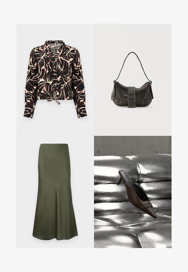 Blouse met lange mouwen en knoopsluiting, met zwart-bruine bladprint op een beige achtergrond, voorzien van een knoopsluiting aan de voorkant bij de zoom.; Olijfgroene, aansluitende midi-rok van satijnen stof, uitlopend aan de onderkant, gepresenteerd tegen een witte achtergrond.; Bruine mule met hoge hak en puntige neus, voorzien van gespsdetail, zwevend boven een glanzend zilveren, getufte leren oppervlak.; Zwarte leren schoudertas met gespsluiting aan de riem, afgeronde hoeken en contrasterende witte stiksels op een effen achtergrond.