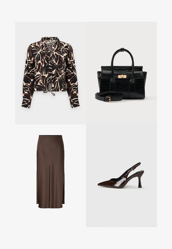 Langærmet skjorte med knapper, sort og brun bladmønster på beige baggrund, med et bindebånd foran i kanten.; Brun satin nederdel med et lige design, der har sideslids for let bevægelse og en glat tekstur gennem stoffet.; Brune patenterede læderslingback-sandaletter med spids tå, en tynd hæl og justerbar rem med en lille spænde.; Sort taske med krokodilletekstur, to håndtag, aftagelig rem og en guldfarvet rektangulær clasp på frontklappen.