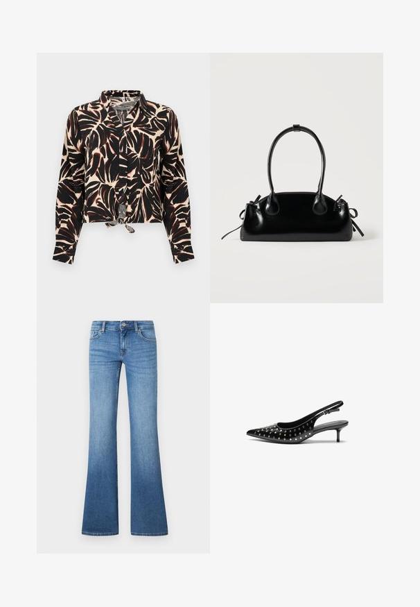 Blouse met lange mouwen en knoopsluiting, met zwart-bruine bladprint op een beige achtergrond, voorzien van een knoopsluiting aan de voorkant bij de zoom.; Lichtblauwe uitlopende jeans gemaakt van denim. Voorzien van een ontwerp met vijf zakken, metalen knoopsluiting en subtiele vervagingen bij de knieën.; Zwarte leren slingback hakken met een spitse neus en een kleine hak. Gedecoreerd met metalen studs langs het bovenwerk voor extra textuur.; Kleine zwarte glanzende handtas met twee lange hengsels en zijkant trekkoord details op een effen lichte achtergrond.