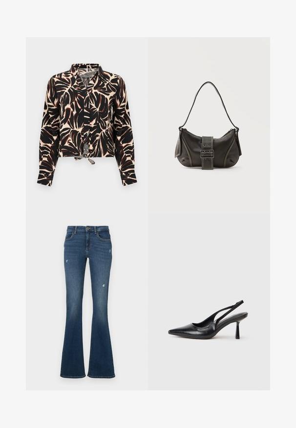 Blouse boutonnée à manches longues avec un motif de feuilles noires et marron sur fond beige, dotée d'un nœud à l'avant à l'ourlet.; Jean en denim évasé bleu foncé avec des patches usés. Comprend cinq poches et une fermeture éclair. Tissu de poids moyen avec une texture lisse.; Chaussure à talon haut en cuir noir, à bride arrière, avec un bout pointu et un talon fin sur fond blanc.; Sac à épaule en cuir noir avec une sangle à boucle, des bords arrondis et des coutures blanches contrastées sur un fond uni.