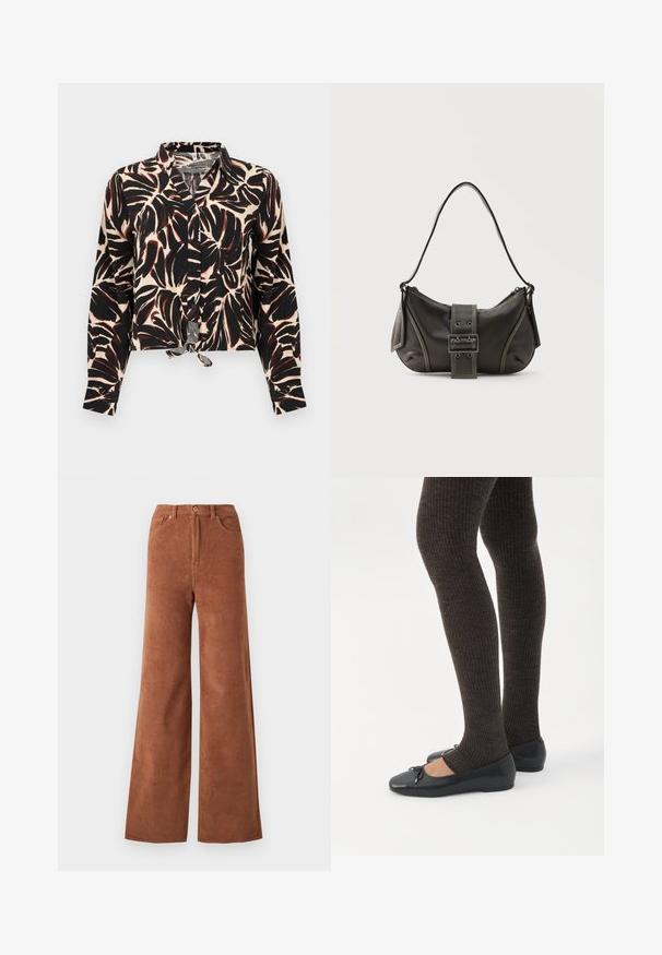 Langærmet skjorte med knapper, sort og brun bladmønster på beige baggrund, med et bindebånd foran i kanten.; Bredane corduroy bukser i en dyb brun farve, med lodrette ribber, frontlommer og knaplukning i taljen.; Ben iført mørke ribbede leggings kombineret med sorte balletsko med små sløjfedetaljer på hvid baggrund.; Sort læder skuldertaske med spænde på remmen, afrundede kanter og kontrasterende hvide syninger på en ensfarvet baggrund.