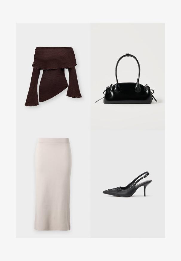 Top texturizado marrón oscuro sin hombros con mangas largas acampanadas y bajo asimétrico, diseñado para una silueta ajustada.; Falda lápiz de punto en un color beige claro, con una pretina acanalada, ajuste slim y una abertura lateral para mayor facilidad de movimiento. Textura suave, diseño minimalista.; Sandal de tacón stiletto negro de cuero con punta afilada, correa lateral con hebilla, tachuelas a lo largo del borde y cordones decorativos en la parte delantera.; Pequeño bolso negro brillante con dos asas largas y detalles de cordón lateral sobre un fondo claro liso.