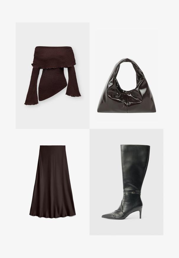 Haut texturé marron foncé épaules dénudées avec manches longues évasées et ourlet asymétrique, conçu pour une silhouette ajustée.; Jupe satin brown avec un design fluide et une texture lisse, doté d'une silhouette en A et d'un ourlet légèrement évasé en bas.; Bottes noires en cuir montant jusqu'au genou, avec un talon fin, un bout pointu et des détails de lanière à la cheville. Texture lisse et design ajusté.; Sac à main en cuir verni noir brillant avec une forme triangulaire et une large anse froncée s'ouvrant au centre en haut.