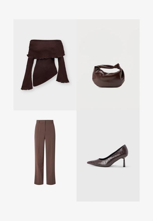 Dunkelbraunes schulterfreies, strukturiertes Top mit langen ausgestellten Ärmeln und asymmetrischem Saum, entworfen für eine figurbetonte Silhouette.; Braune hochtaillierte, maßgeschneiderte Hose mit Gürtelschlaufen und einem Reißverschluss vorne, ausgestattet mit einem geraden Bein.; Braune Pumps mit spitz zulaufender Spitze aus Kunstleder in Krokodiloptik, mit schlankem, eckigem Absatz und glatter Innenfütterung.; Dunkelbraune Lederschultertasche mit weicher, lockerer Form und einem gedrehten Knotengriff vor schlichtem weißem Hintergrund.
