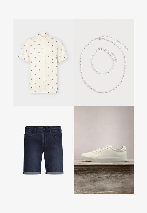 Chemise crème à manches courtes, boutonnée, avec des motifs circulaires noirs en forme de rayons de soleil et une poche poitrine, présentée sur un fond clair.; Shorts en denim bleu foncé, avec un design classique à cinq poches, un ourlet roulé et une fermeture à bouton. Texture lisse.; Sneaker en dentelle blanche flottant au-dessus d'un banc en bois avec un feuillage vert en arrière-plan, mettant en valeur le design et la texture de la chaussure.; Collier de perles et bracelet assorti avec fermoirs en chaîne argentée disposés sur un fond blanc.
