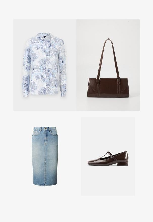 Langarmshirt aus Stoff mit einem blauen und weißen floralen und Landschaftsprint, mit Kragen und Knopfleiste.; Hellblaue Jeans-Bleistiftrock mit Frontriss, Gürtelschlaufen, Knopfverschluss und Fünf-Taschen-Stil.; Braune Mary-Jane-Schuhe aus Lackleder mit abgerundetem Zehenbereich, Cut-out-Design und verstellbarem Riemen. Niedriger Blockabsatz.; Braune Lackleder-Handtasche in rechteckiger Form, mit zwei langen Griffen und subtilen, geschwungenen Akzenten auf der Vorderseite.