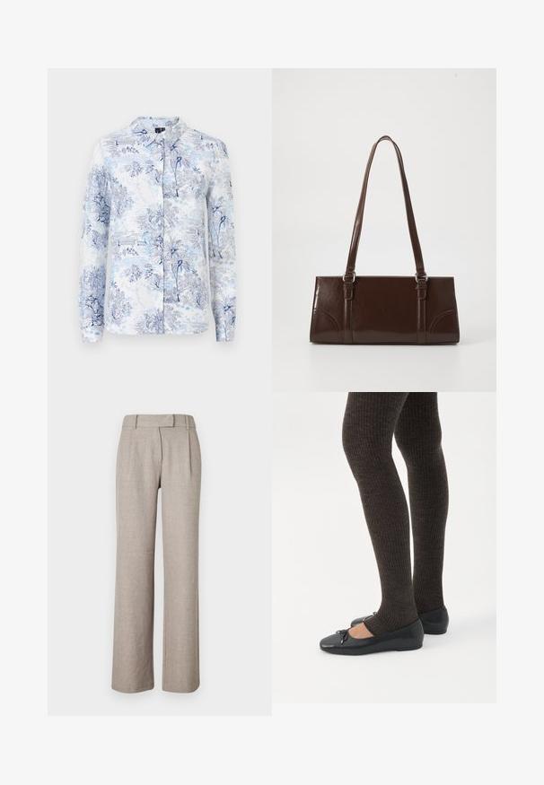 Camisa de manga larga hecha de tejido con un estampado floral y paisajístico en azul y blanco, con cuello y cierre frontal de botones.; Pantalones beige a medida de una tela texturizada, con un diseño de pierna recta y plisados en la parte delantera. Sin hardware ni patrones visibles.; Piernas con leggings oscuros acanalados combinados con bailarinas negras que presentan pequeños detalles de lazo sobre un fondo blanco.; Bolso de mano de piel sintética marrón con forma rectangular, dos asas largas y sutiles acentos curvados en la parte delantera.