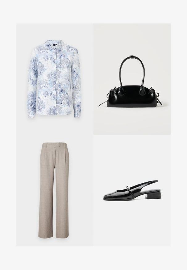 Camisa de manga larga hecha de tejido con un estampado floral y paisajístico en azul y blanco, con cuello y cierre frontal de botones.; Pantalones beige a medida de una tela texturizada, con un diseño de pierna recta y plisados en la parte delantera. Sin hardware ni patrones visibles.; Zapato slingback de charol negro con tacón bajo y grueso y una fina correa con hebilla de plata en la parte superior.; Pequeño bolso negro brillante con dos asas largas y detalles de cordón lateral sobre un fondo claro liso.
