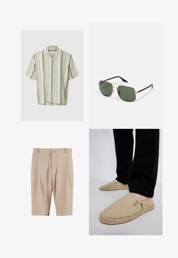 Kortærmet skjorte med knapper og lodrette beige, creme og brune striber samt en camp-krave på en ensfarvet baggrund.; Beige skræddersyede shorts med plisseringer, der har en knaplukning og klassisk design. Glat tekstur, knælængde og ingen synlige lommer.; Beige lærred slip-on sko med elastisk goring, jute reb-sål og kontrasterende syninger. Båret med sorte tapered bukser.; Guldmetal solbriller med grønne linser, rektangulær form, sorte plastiske tempel og et tofarvet design. Har næsepuder for komfort.