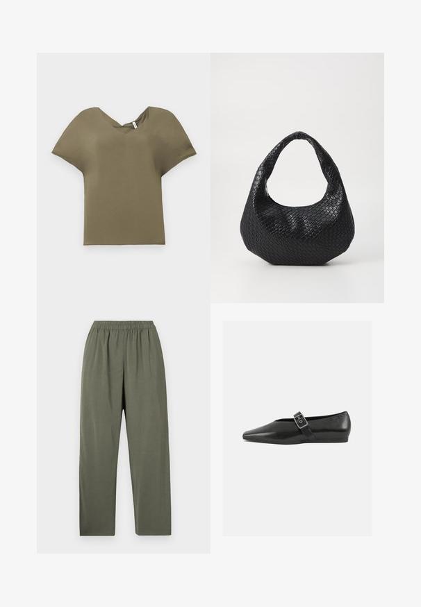 Λαδί κοντομάνικο μπλουζάκι με σχέδιο V-neck. Φτιαγμένο από μαλακό ύφασμα, με άνετη εφαρμογή και ελαφρώς καμπυλωτό στρίφωμα.; Πράσινο, ελαφρύ παντελόνι με φαρδιά γραμμή, διαθέτει ελαστική μέση και λεία υφή. Χωρίς τσέπες ή διακοσμητικά.; Μαύρο δερμάτινο παπούτσι φλατ με μυτερή μύτη, διαθέτοντας μια μεταλλική πόρπη που διασχίζει το κέντρο του ποδιού και μια χαμηλή, ευέλικτη σόλα.; Μαύρη πλέ woven τσάντα με καμπύλη λαβή, με υφή επιφάνειας και χαλαρή σιλουέτα. Λείο φινίρισμα με οργανική μορφή.