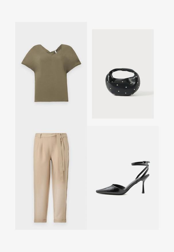 Λαδί κοντομάνικο μπλουζάκι με σχέδιο V-neck. Φτιαγμένο από μαλακό ύφασμα, με άνετη εφαρμογή και ελαφρώς καμπυλωτό στρίφωμα.; Μπεζ παντελόνι με εφαρμοστή μέση, πτυχές και ταιριαστή ζώνη. Κωνικά πόδια με ρεβέρ, φτιαγμένο από λεία ύλη.; Μαύρη γόβα μυτερή με λεπτά λουράκια στον αστράγαλο και ασημένια πόρπη σε απλό ανοιχτό φόντο.; Μαύρη δερμάτινη τσάντα χειρός με στρογγυλεμένο σχήμα, διακοσμημένη με ασημένιες λεπτομέρειες με καρφιά και κοντή λαβή. Λείο υλικό και κλείσιμο με φερμουάρ.