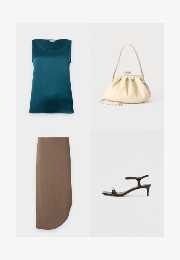 Blouse sans manches en satin turquoise avec encolure arrondie et texture de tissu lisse et brillante, posée à plat sur un fond blanc.; Jupe crayon marron longueur genou avec un ourlet asymétrique et une taille ajustée, affichée sur fond blanc.; Sandale noire en cuir à talon avec bride à la cheville, bout ouvert, devant carré et accent en métal argenté. Design ajusté avec un profil élégant.; Sac à main en cuir souple couleur crème avec un design froncé, fermoir cadre argenté, poignée courte et bandoulière chaîne amovible.
