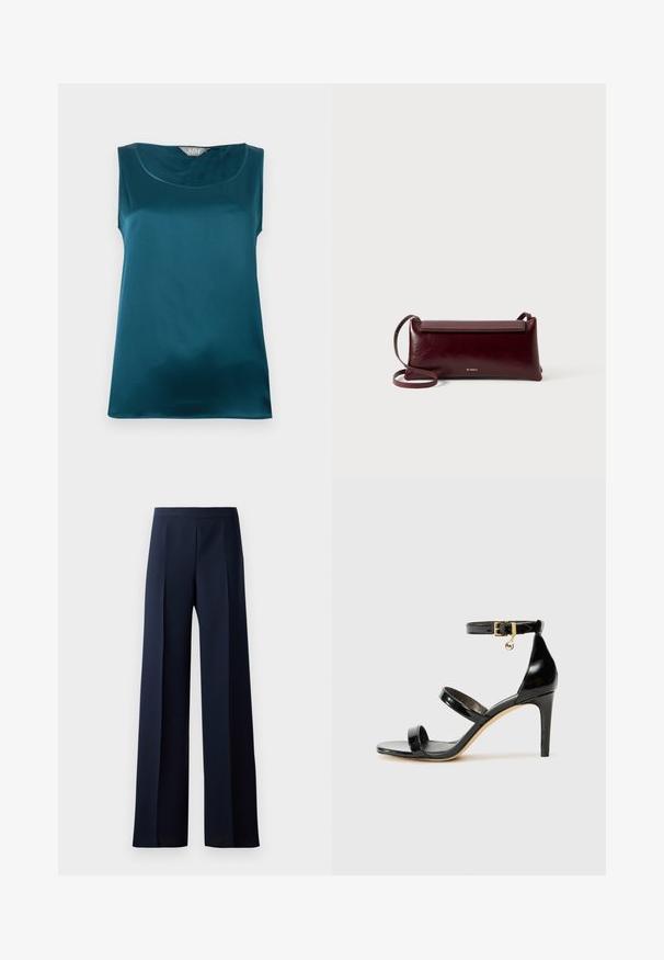 Blouse sans manches en satin turquoise avec encolure arrondie et texture de tissu lisse et brillante, posée à plat sur un fond blanc.; Pantalons à jambes larges en tissu bleu marine foncé, dotés d'une texture lisse, de plis avant discrets et d'une taille ajustée pour une silhouette épurée.; Sandale en cuir verni noir avec trois brides, boucle de cheville et talon aiguille de 10 cm. Présente un détail en métal doré et un charm logo.; Sac à bandoulière en cuir bordeaux avec une texture lisse, de forme rectangulaire, fermeture à rabat et une fine sangle réglable. Détail du logo doré visible.