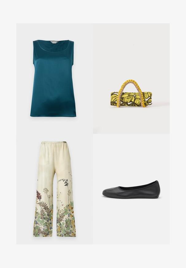 Blouse sans manches en satin turquoise avec encolure arrondie et texture de tissu lisse et brillante, posée à plat sur un fond blanc.; Pantalon à jambes larges en tissu léger, avec un fond beige orné d'imprimés botaniques multicolores en vert, rouge et jaune. Taille élastique.; Ballerines en cuir noir avec un bout rond, texture lisse, détails de couture minimalistes et design de semelle flexible.; Sac rectangulaire avec motif floral jaune et noir et anse tressée jaune et rose sur fond blanc.