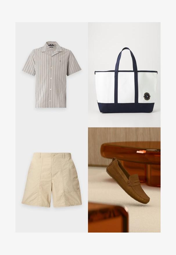 Kurzärmliges Hemd mit Knopfleiste, das beige und marineblaue vertikale Streifen, einen eingekerbten Kragen und leichten Stoff bietet. Mit kleinem Logo akzentuiert.; Beige Shorts mit strukturierter Oberfläche, die über einen vorderen Knopfverschluss, zwei seitliche Taschen und ein kleines Logo auf der unteren rechten Seite verfügen.; Brauner Wildleder-Loafer mit gesteppten Details, der über einem beigen Teppich schwebt, mit orangenen, durchscheinenden Möbeln im Hintergrund.; Tote-Bag aus weißem Canvas mit marineblauen Akzenten. Verfügt über zwei robuste Griffe und ein Logo-Patch auf der Vorderseite. Rechteckige Form.
