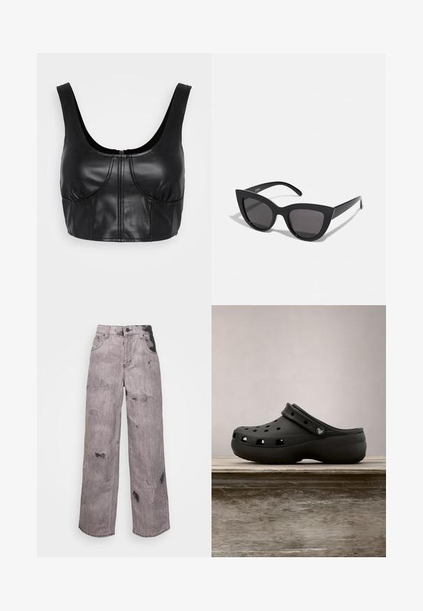 Noisy May NMPAULO CROP TOP - Top - black; BDG Urban Outfitters BAGGY - Vaqueros boyfriend - pink; Zueco de goma negro con agujeros de ventilación, tacón elevado, correa trasera y suela texturizada. Acabado liso con un diseño minimalista.; Gafas de sol negras en forma de ojo de gato con un acabado mate, que presentan lentes ahumados grises, ángulos pronunciados y brazos laterales elegantes. Nombre de la marca visible en el interior del brazo.