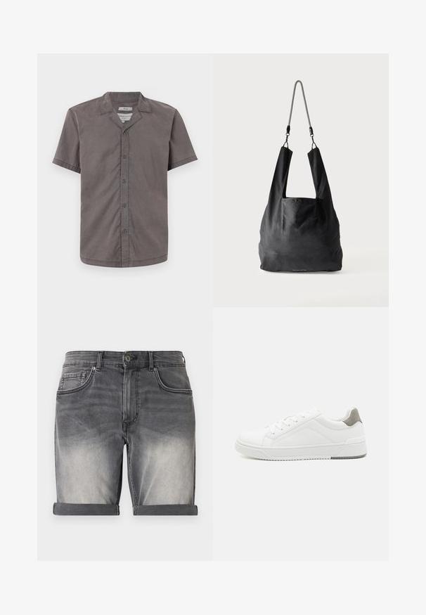 Chemise à manches courtes à boutons de couleur gris foncé, fabriquée en tissu doux. Présente un col camp et cinq boutons à l'avant. Texture lisse et coupe décontractée.; Shorts en denim noir délavé avec un ourlet retroussé, comportant cinq poches et un léger effet délavé à l'avant. Fermeture classique à boutons.; Basket blanche en cuir lisse, à bout arrondi, design minimaliste, accent de talon gris et semelle en caoutchouc texturé.; Sac fourre-tout en tissu noir doux avec de larges anses et une fine bandoulière tressée noire et blanche.