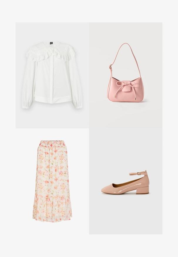 Blusa blanca de manga larga con un gran cuello de encaje con ojales bordados y bordes con volantes, con botones delanteros ocultos y mangas con puños.; Falda midi blanca con estampado floral en rosa y melocotón, cintura elástica y detalle de volante en el dobladillo.; Zapatilla plana de charol rosa con punta redondeada, tira al tobillo y tacón bajo. Textura suave y diseño minimalista.; Bolso pequeño de hombro color rosa pastel con correa ajustable y detalle de lazo en el frente con extremos dorados sobre un fondo liso.