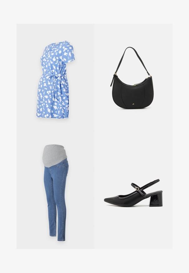 Robe à manches courtes bleu clair avec un motif floral blanc, dotée d'une ceinture à la taille et d'une coupe décontractée. Tissu doux avec un col rond.; Jeans de maternité avec un design ajusté, en denim bleu et une ceinture en jersey gris doux pour plus de confort. Dotés de poches arrière et d'une coupe slim.; Escarpins slingback en cuir verni noir avec un embout pointu, un design à découpes arrondies et un talon carré. Présente un accent de boucle en ton doré.; Sac à main en cuir noir avec une forme courbée, surface texturée, coutures avant et un logo doré. Il est doté d'une seule sangle ajustable.