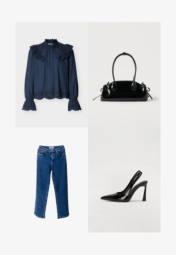 Navyblå langærmet bluse med flæsekantet høj krave, broderede bølgede kanter samt flæser på skuldre og manchetter.; Blå denim bred-leg jeans med høj talje, der har forlommer, kontrastsyninger og en afslappet pasform.; Sorte patenterede lædersædler med spidse tæer, slank høj hæl og dobbelt elastisk rem for sikker pasform. Glat, skinnende overflade.; Lille sort blank håndtaske med to lange håndtag og snøre-detaljer i siden på en ensfarvet lys baggrund.