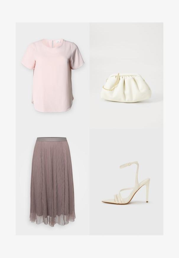 Blusa de manga corta rosa claro con cuello redondo y abertura en la espalda. Confeccionada con una tela texturizada, de corte holgado y con aberturas laterales.; Falda midi con pliegues en suave malva, con una cintura de satén lisa. Material ligero y fluido con líneas verticales y capas transparentes.; Sandalias de tacón alto beige con punta estrecha, que cuentan con tres tiras frontales y una tira delgada en el tobillo con hebilla. Textura lisa, diseño minimalista.; Bolso de mano de cuero blanco con un diseño recogido, cuenta con una cadena dorada y forma redondeada. Textura suave con pliegues suaves y sin patrones.