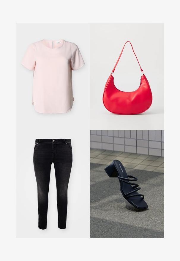 Lyserød kortærmet bluse med rund halsudskæring og en nøglehulslukning bagpå. Fremstillet af et tekstureret stof med en afslappet pasform og sideslidser.; Sorte denim jeans med slim fit, fem-lommers design, knaplukning og let slid for tekstur. Minimalistisk stil, ingen synlige mønstre.; Sort sandal med firkantet tå, tre tynde stropper og blokhæl på fortov nær flisebelagt væg.; Rød syntetisk læder skuldertaske med en buet form, slank rem og lynlås lukning. Glat tekstur med synlige syninger.