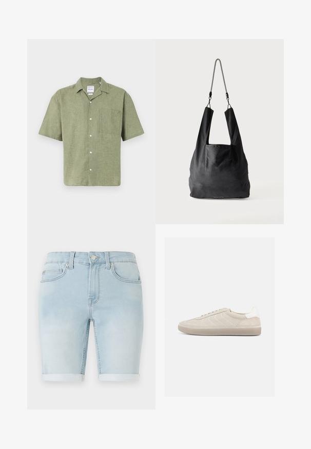 Kurzärmliges olivgrünes Leinenhemd mit Kragen, frontaler Knopfverschluss und einer Brusttasche. Strukturierter Stoff mit natürlichem Finish.; Hellblaue Jeansshorts mit umgeschlagenem Saum, klassischem Fünf-Taschen-Design und vorderem Knopfverschluss. Glatte Textur mit leichter Ausbleichung.; Beiger Wildleder-Sneaker mit strukturiertem Obermaterial, glattem weißen Fersenbereich, dünnen Schnürsenkeln und Gummisohle. Verfügt über ein flaches Design.; Schwarze weiche Stofftragetasche mit breiten Griffen und einem dünnen schwarz-weißen geflochtenen Schulterriemen.