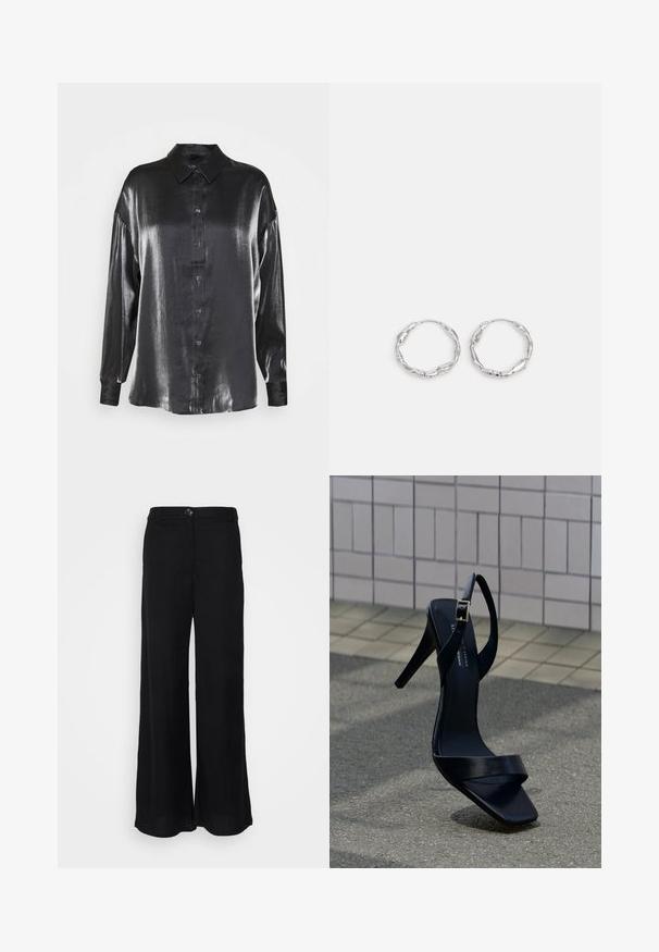 Gina Tricot Skjortebluser - metallic; Sorte bukser med bred ben, lavet af letvægtsstof, der har en glat tekstur, frontknaplukning og sidelommer.; Sort højhælet sandal med ankestrop og firkantet tå placeret på fortovet mod en baggrund af flisebelagt væg.; Sølv hoops med en bølget, uregelmæssig tekstur. Har en tynd, cirkulær form og en reflekterende finish.