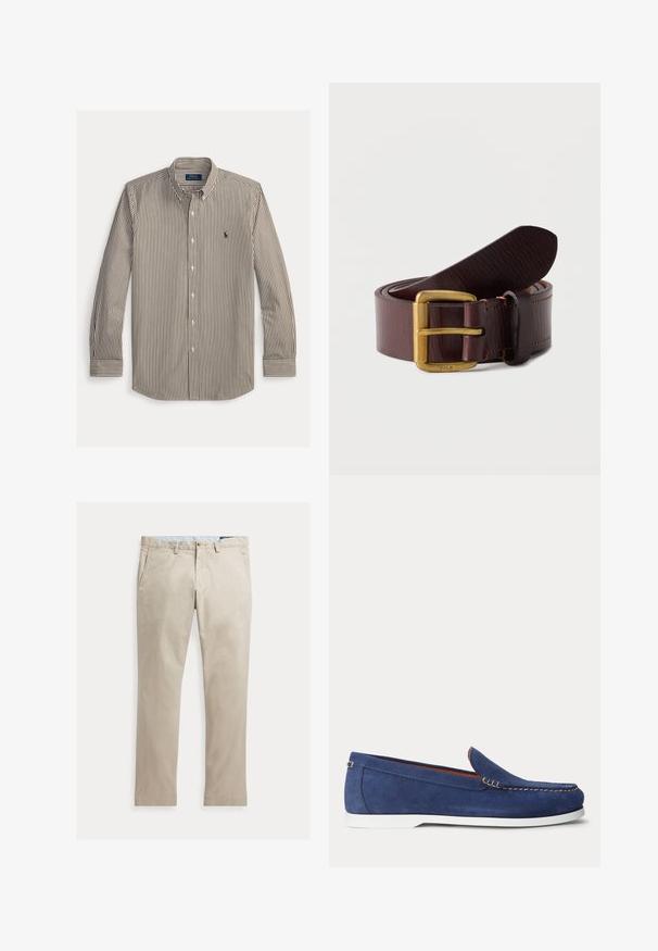 Overhemd met lange mouwen en knopen, verticale bruine en witte strepen, knoopkraag en Polo Ralph Lauren-logo op de linkerbuste.; Beige katoenen broek met rechte pijpen, voorzakken, riemlussen, knoopsluiting en ritssluiting, plat liggend op een witte achtergrond.; Blauwe suède loafer met witte zool en beige stiksels langs de bovenrand, afgebeeld tegen een effen witte achtergrond.; Donkerbruine leren riem opgerold met een messing gesp waarop het woord Polo is gegraveerd, tegen een effen witte achtergrond.